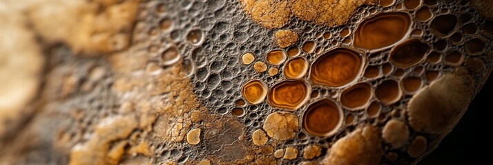 Wall Mural - Close-up of textured surface with orange and brown bubbles.