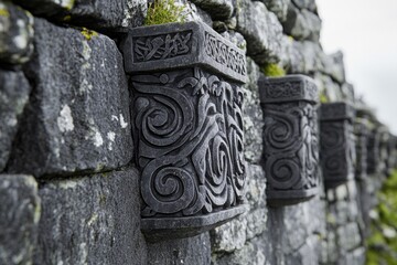 Poster - Stone wall with intricate carvings, suitable for historical or fantasy scenes