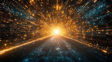 Poster - Vibrant Light Ray Tunnel with Dynamic Particles Shining in Perspective for Background or Abstract Use