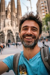 Aufkleber - A person takes a photo of themselves in front of a historic cathedral