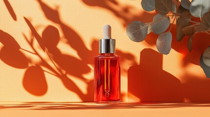 Poster - Elegant amber glass dropper bottle on a warm orange backdrop showcasing botanical shadows and natural elements