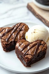 Wall Mural - Freshly baked brownies served with scoops of creamy ice cream on a clean white plate