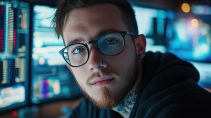 Poster - A person wearing glasses and a beard looks directly at the camera in this portrait