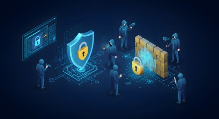 Isometric Cybersecurity Illustration Showing Data Protection and Hackers Trying to Breach