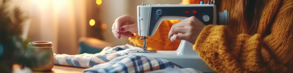 Poster - Close-up of hands operating a sewing machine on a table, with fabric and threads nearby