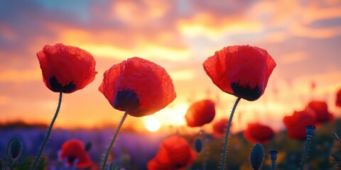 Aufkleber - Field of red poppies with the sun setting in the background