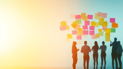 Aufkleber - Diverse team collaborates in a brainstorming session, using colorful sticky notes on a wall. The scene highlights multitasking, time management, and the chaos of meeting deadlines