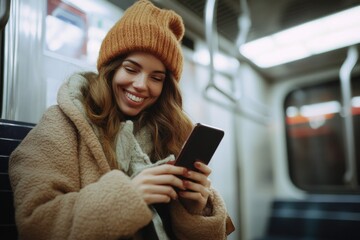 Poster - A woman smiling while looking at her cell phone