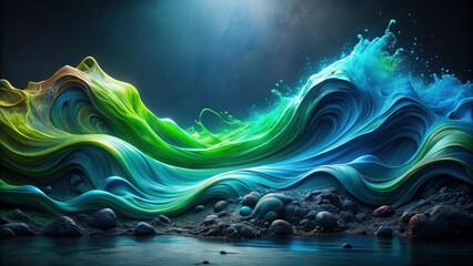 Poster - Abstract swirling wave art with vibrant teal and green hues, breaking over a dark rocky shore reflecting in still water