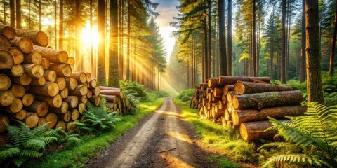 Poster - Golden Sunlight Illuminates a Forest Path Flanked by Stacks of Timber Logs