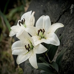 Canvas Print - Closeup of Three White Lilies Against Dark Background