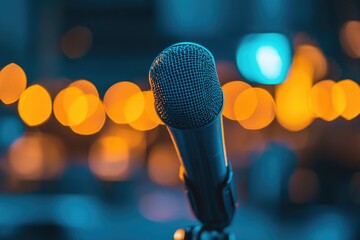 Poster - A microphone on a stand with a blurred background, ideal for use as a placeholder or to add texture to your design