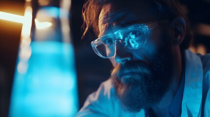 Poster - a man with glasses and beard looking at a blue liquid