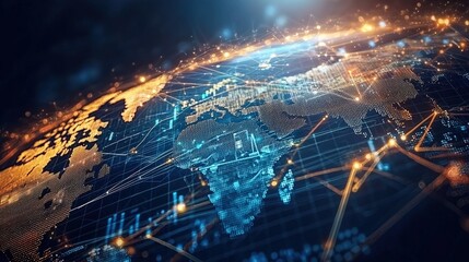 Poster - Digital World Map with Connections and Data Visualization in a Futuristic Style Representing Global Communication
