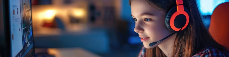 Poster - a young girl focused on her computer screen, wearing headphones