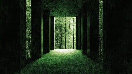 Canvas Print - A mysterious, dark corridor opens to a lush green forest.  A tranquil yet eerie scene.