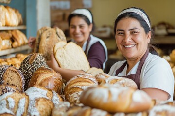 Sticker - Two female sales associates stand in front of a display case filled with various types of bread