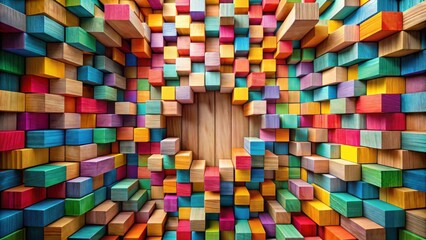 Poster - Vibrant Wooden Blocks Create a Colorful Abstract Background with Central Wooden Panel