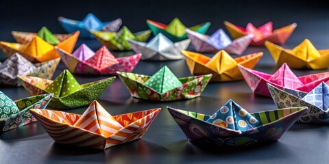Poster - A Fleet of Vibrant Origami Boats Sailing on a Dark Surface