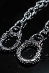 Poster - A pair of handcuffs hanging from a metal chain, often used as a symbol of restriction or captivity
