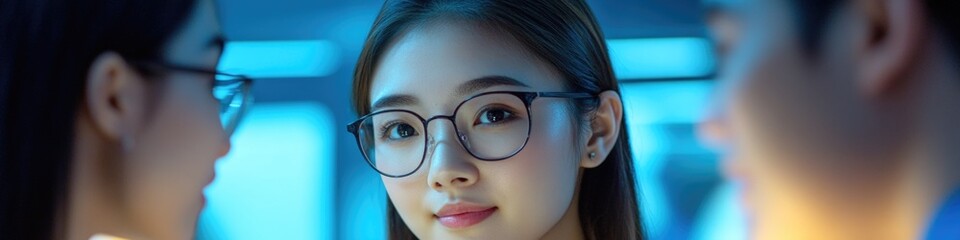Poster - A woman wearing glasses focuses on a computer screen, likely working or browsing