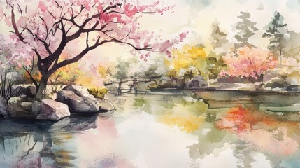 Poster - Scenic pond reflects vibrant cherry blossom trees in a tranquil landscape at sunset. Generative AI