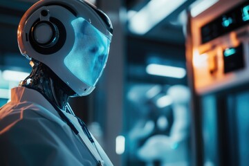 Poster - A robot working in a laboratory setting, wearing a white lab coat and headphones