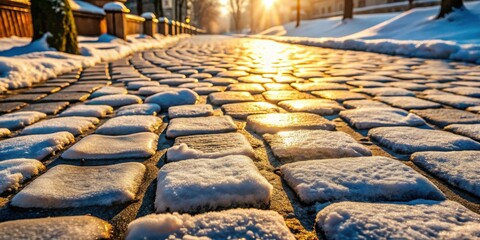 Poster - A sunlit cobblestone path, lightly covered in snow, offers a tranquil winter scene