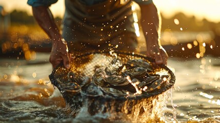 Aufkleber - A person collects freshly harvested oysters from the water during sunset, surrounded by sparkling lights on the water, highlighting the serenity of marine farming.