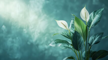 Poster - Elegant Calla Lily Flowers with Green Foliage Against a Soft Light Background in a Serene Botanical Scene
