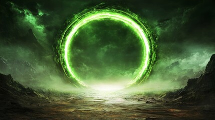 Wall Mural - glowing green ring in a mystical landscape. a path leads towards the otherworldly portal.