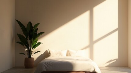 Wall Mural - Cozy Minimalist Bedroom with Natural Light and Indoor Plant Accent