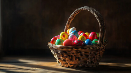 Wall Mural - Colorful Easter eggs fill a woven basket, celebrating the joy and renewal of Easter Sunday in a cozy atmosphere