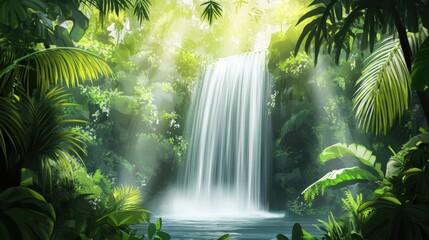 Aufkleber - Lush tropical rainforest with a cascading waterfall and sunlight filtering through the canopy. Generative AI