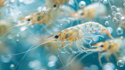 Aufkleber - A vibrant underwater display features several shrimp demonstrating their intricate bodies and delicate antennae as they swim amid bubbles in clear water.