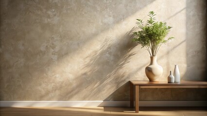Poster - Serene Minimalist Home Decor Wooden Console Table with Plant and Vases Against Textured Wall