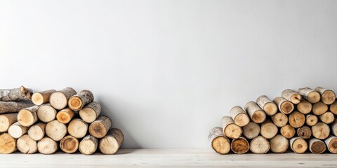 Poster - A rustic arrangement of neatly stacked firewood logs against a minimalist white wall, showcasing natural wood textures and offering a cozy, winter ambiance.