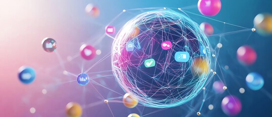 Poster - 3D globe with floating social network icons, interconnected lines, global social media, virtual communication, worldwide connections