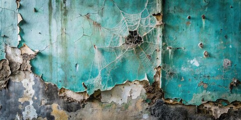 Poster - Intricate Spiderweb Adorns a Weathered Teal Wall with Peeling Paint and Exposed Concrete