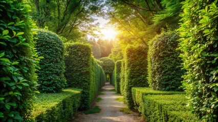 Poster - Sunlit Path Through a Lush Green Hedge Maze