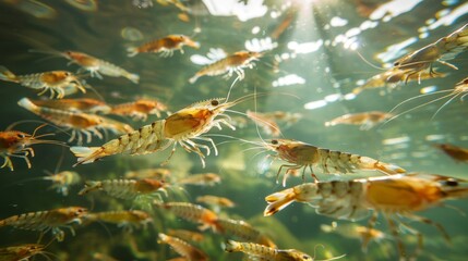 Aufkleber - Numerous shrimp swim actively in clear freshwater under sunlight, showcasing their vibrant colors and delicate movements alongside aquatic plants.