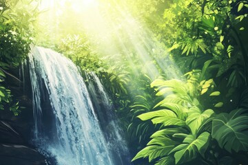 Sticker - Majestic waterfall flows through lush green forest under bright sunlight creating a serene atmosphere. Generative AI