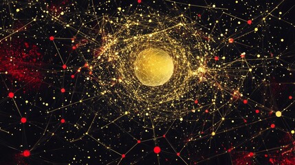 Wall Mural - Abstract Digital Space Graphic With Golden Celestial Object And Red Particles Perfect For Background Art Projects using Creative Elements for Artistic Purposes. Perfect for Background Art Projects