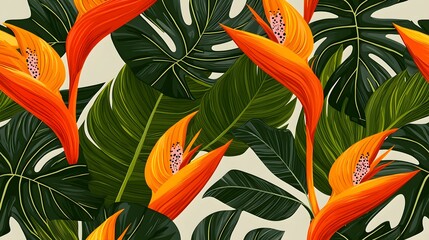 Wall Mural - Vibrant Tropical Leaves and Flowers Pattern in Orange and Green Tones