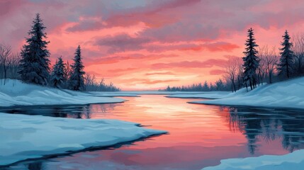 Wall Mural - Serene Winter Sunset Over a Frozen River with Snowy Landscape