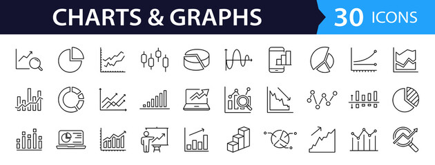 Poster - Graphs and Graphs set of web icons in line style. Charts and diagram icons for web and mobile app. Business infographic, charts, statistics, growth, growing bar graph and more. Vector illustration