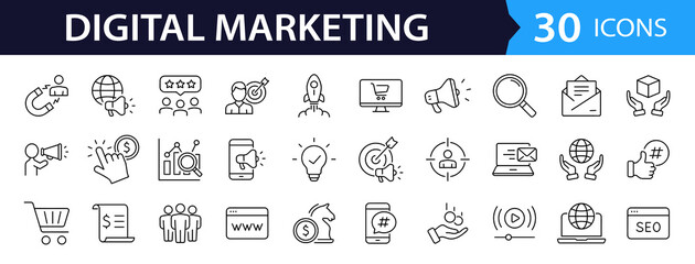 Fototapete - Digital marketing set of web icons in line style. Marketing icons for web and mobile app. Communication, advertising, ecommerce, seo, content, product, target audience, website, social media and more