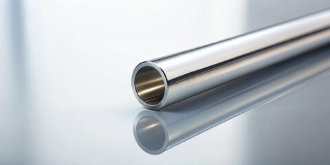 Poster - Sleek metallic cylinder resting on a reflective surface, showcasing its polished texture and precise engineering