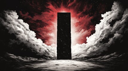 Wall Mural - a dark, imposing structure rises amidst a dramatic, red-hued sky, shrouded in ominous clouds. a myst