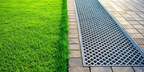 Fototapete - Lush green lawn meets modern drainage grate in a paved walkway design